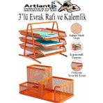 Artlantis Turuncu Metal Evrak Rafı 3 Lü ve Masaüstü Kalemlik 1 Paket Masaüstü A4 Dosya 3 Katlı Düzenleyici Kağıt Tepsisi Metal - Standart