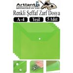 Artlantis Yeşil A4 Çıtçıtlı Dosya Şeffaf Renkli Zarf Dosya 5 Adet Çıt Çıtlı Dosya Su Geçirmez 100 Yaprak Kapasite - 24x34 cm