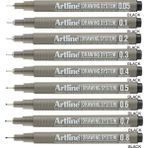 Artline Drawing System Siyah Teknik Çizim Kalemi 9'lu Tam Set Keçe Uçlu Kalemler