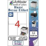 ArtMaster A4 Hazır Beyaz Etiket 105X148.5MM 10 Sayfa 1 Paket 4 Lü Kendinden Yapışkanlı Fotokopi Lazer Inkjet Kağıdı Yazıcılar Için - Standart