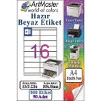 ArtMaster A4 Hazır Beyaz Etiket 105X35 mm 50 Sayfa 1 Paket 16 Lı Kendinden Yapışkanlı Fotokopi Lazer Inkjet Kağıdı Yazıcılar Için - Standart