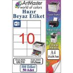 ArtMaster A4 Hazır Beyaz Etiket 105X56 mm 50 Sayfa 1 Paket 10 Lu Kendinden Yapışkanlı Fotokopi Lazer Inkjet Kağıdı Yazıcılar Için - Standart
