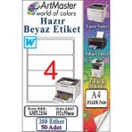 ArtMaster A4 Hazır Beyaz Etiket 192X59 mm 4 Lü 50 Sayfa 1 Paket Kendinden Yapışkanlı Fotokopi Lazer Inkjet Kağıdı Yazıcılar - Standart