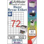ArtMaster A4 Hazır Beyaz Etiket 35X23MM 50 Sayfa 1 Paket 72 Li Kendinden Yapışkanlı Fotokopi Lazer Inkjet Kağıdı Yazıcılar Için - Standart