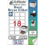 ArtMaster A4 Hazır Beyaz Etiket 63.5X46.6MM 100 Sayfa 1 Paket 18 Li Kendinden Yapışkanlı Fotokopi Lazer Inkjet Kağıdı Yazıcılarla - Standart
