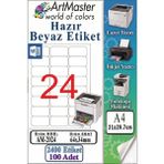 ArtMaster A4 Hazır Beyaz Etiket 64X34 mm 100 Sayfa 1 Paket 24 Lü Kendinden Yapışkanlı Fotokopi Lazer Inkjet Kağıdı Yazıcılar Için - Standart