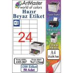 ArtMaster A4 Hazır Beyaz Etiket 70X37.12MM 50 Sayfa 1 Paket 24 Lü Kendinden Yapışkanlı Fotokopi Lazer Inkjet Kağıdı Yazıcılar Için - Standart