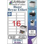 ArtMaster A4 Hazır Beyaz Etiket 99.1X34MM 10 Sayfa 1 Paket 16 Lı Kendinden Yapışkanlı Fotokopi Lazer Inkjet Kağıdı Yazıcılar Için - Standart