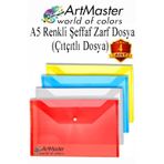 ArtMaster A5 Çıtçıtlı Dosya Şeffaf Renkli Zarf Dosya 4 Renk 17x22 cm Çıt Çıtlı Dosya Su Geçirmez 50 Yaprak Kapasiteli