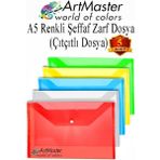 ArtMaster A5 Çıtçıtlı Dosya Şeffaf Renkli Zarf Dosya 5 Renk 17X22 cm Çıt Çıtlı Dosya Su Geçirmez 50 Yaprak Kapasiteli - Çok Renkli