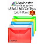 ArtMaster A5 Çıtçıtlı Dosya Şeffaf Renkli Zarf Dosya 5 Renk 17x22 cm Çıt Çıtlı Dosya Su Geçirmez 50 Yaprak Kapasiteli