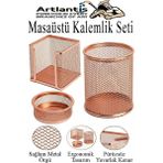 ArtMaster Bakır Yaldız Masaüstü Fileli Kalemlik Seti 3 Parça 1 Paket 3 Lü Masa Üstü Düzenleyici Kalemlik Küp Notluk Ataşlık - Standart