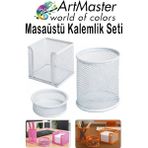 ArtMaster Beyaz Masaüstü Fileli Kalemlik Seti 3 Parça 1 Paket 3 Lü Masa Üstü Düzenleyici Kalemlik Küp Notluk Ataşlık - Standart