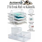 ArtMaster Beyaz Metal Evrak Rafı 3 Lü ve Masaüstü Kalemlik 1 Paket Masaüstü A4 Dosya 3 Katlı Düzenleyici Kağıt Tepsisi Metal - Standart