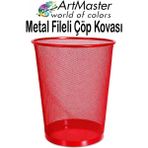 ArtMaster Kırmızı Çöp Kovası Paslanmaz Çelik Fileli 1 Adet Ofis Büro Okul Çöp Kovası Metal Delikli Kolay Kullanım - 3 lü - Standart