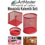 ArtMaster Kırmızı Masaüstü Fileli Kalemlik Seti 3 Parça 1 Paket 3 Lü Masa Üstü Düzenleyici Kalemlik Küp Notluk Ataşlık - Standart