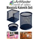 ArtMaster Lacivert Masaüstü Fileli Kalemlik Seti 3 Parça 1 Paket 3 Lü Masa Üstü Düzenleyici Kalemlik Küp Notluk Ataşlık - Standart