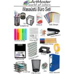 ArtMaster Masaüstü Büro Seti Metal Siyah 16 Parça Kalemlik Evrak Rafı 3 Lü Delgeç Zımba Makinesi Notluk Çöp Kovası Ataç - Standart