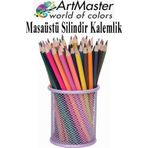 ArtMaster Masaüstü Metal Silindir Kalemlik 1 Adet Fileli Perfore Lila Kalemlik Kağıtlık Düzenleyici Büro Ofis Okul