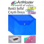 ArtMaster Mavi A5 Çıtçıtlı Dosya Şeffaf Renkli Zarf Dosya 5 Adet 17X22 cm Çıt Çıtlı Dosya Su Geçirmez 50 Yaprak Kapasiteli