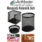 ArtMaster Siyah Masaüstü Fileli Kalemlik Seti 3 Parça 1 Paket 3 Lü Masa Üstü Düzenleyici Kalemlik Küp Notluk Ataşlık - Standart