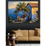 Artmeg Deniz Kenarında Mavi Akdeniz Evi Dekoratif Kanvas - Mdf Ahşap Tablo - 50x70 Cm