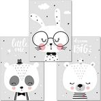 artpin® 3'lü Set Poster Çocuk Odası Dekorasyonu - Resim Bebek Odası DIN A4 - Duvar Resimleri Kız Erkek Çocuk Siyah Beyaz Gri - Çocuk Posteri Panda Ayı Tavşan Bulutlar (P46)