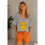 ArtYus Çift Yıldız Baskılı V Yaka Salaş Unisex Oversize Tişört – Pamuklu Günlük T-Shirt