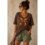 ArtYus Fiyonk Baskılı V Yaka Salaş Unisex Oversize Tişört Pamuklu Günlük T-Shirt