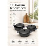 Aryıldız Pro Grade 3' lü Döküm Kısa Tencere Seti 24 Cm - 26 Cm - 28 Cm Siyah