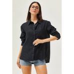 Arzu Özel Moda Atölyesi Oversize Keten Gömlek - 0-Siyah - 40