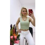 As Collection Yeşil Kalın Askılı Kare Yaka Kadın Bluz