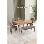 Asaella Mobilya Ikon Meşe Desen 80X132 Mdf Açılabilir Yemek Masası Takımı 4 Sandalye, 1 Bench - Cappucino - 80 x 132