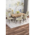 Asaella Mobilya Jusie Meşe Desen 80X132 Açılabilir Sunta Masa Yemek Odası Takımı, Mutfak Takımı 6 Adet Sandalye - Krem - 80 x 132