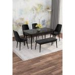 Asaella Mobilya Jusie Siyah Mermer 80X132 Açılabilir Sunta Masa Yemek Odası Takımı, Mutfak Takımı 4 Sandalye,1 Bench - 80 x 132