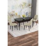 Asaella Mobilya Jusie Siyah Mermer Desen 80X132 Açılabilir Sunta Masa Yemek Odası Takımı, Mutfak Takımı 4 Sandalye - Krem - 80 x 132
