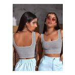 AŞAR MODA TEKSTİL Bluz Kadın Gri Crop Top Bluz