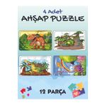 ASE DİZAYN Çocuklar Için Eğitici Ve Öğretici Ahşap Renkli Puzzle(yapboz) Dinazor 4 Adet 12 Parça