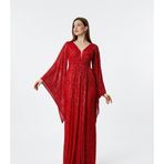 Asees Asimetrik Kollu Büzgü Detaylı Uzun Payet Abiye Elbise, Kadın, Polyester, Kruvaze Yaka, Balon Kol, Mezuniyet Balosu (Kırmızı, 42)