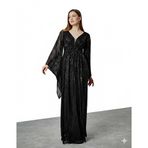 Asees Asimetrik Kollu Büzgü Detaylı Uzun Payet Abiye Elbise, Kadın, Polyester, Kruvaze Yaka, Balon Kol, Mezuniyet Balosu (Siyah, 40)
