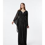 Asees Asimetrik Kollu Büzgü Detaylı Uzun Payet Abiye Elbise, Kadın, Polyester, Kruvaze Yaka, Balon Kol, Mezuniyet Balosu (Siyah, 44)