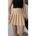 Asfa Moda Kadın Krem Astarlı Şortlu Kemerli Pileli Yazlık Mini Etek