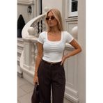 Asfaha Fashion Kadın Beyaz Kare/U Yaka Fitilli Kısa Kollu Crop Bluz