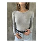 asfamoda Kadın Gri Melanj Bisiklet Yaka Uzun Kollu Basic Body Bluz