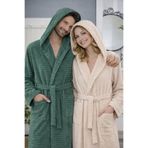 Asilex Home Collection Kapüşonlu Çift Kişilik Pamuklu Yeşil-Bej Bornoz Takımı Yumuşak ve Emici