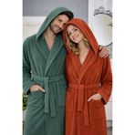 Asilex Home Collection Kapüşonlu Pamuklu Çift Kişilik Yeşil-Kiremit Bornoz Takımı Yumuşak ve Emici