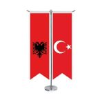 Asilmeydan Arnavutluk Bayrağı -çift Başlı Kartal Ve Türkiye -saten T Direk 2li Masa Bayrağı