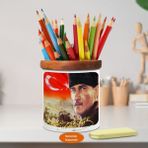 Asilmeydan Cephede Ay Yıldızlı Mustafa Kemal Atatürk Ahşap Seramik Kalemlik-25 - Renkli