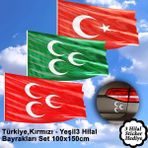 Asilmeydan Türkiye, Kırmızı, Yeşil 3 Hilal Raşel Bayrak Set -100X150 cm Hediye Sticker - Renkli