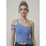 Asimetrik Tek Omuz Triko Crop Bluz - Standart - Mavi